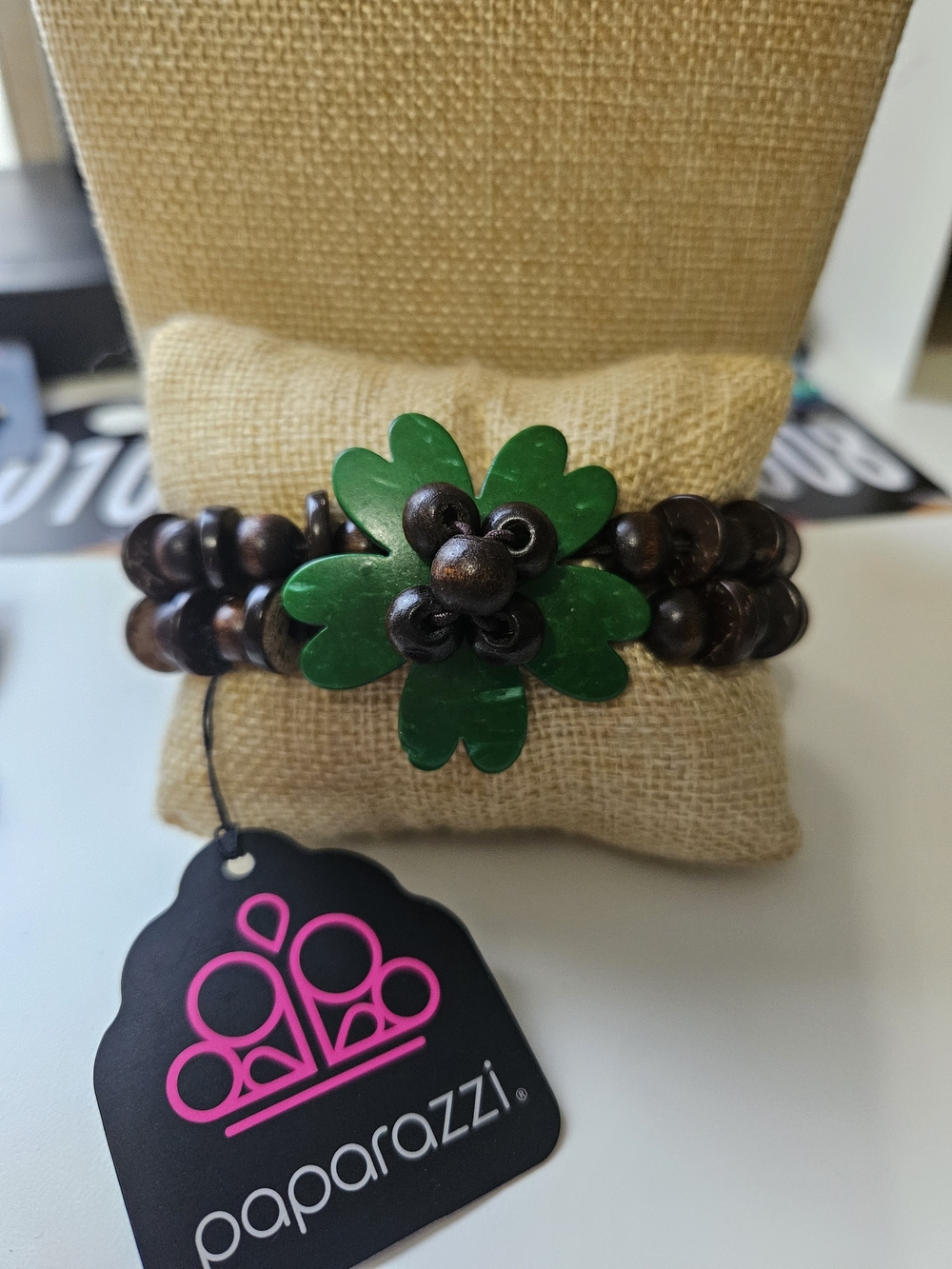 Paparazzi Green Flower & Brown Beaded Stretch Bracelet